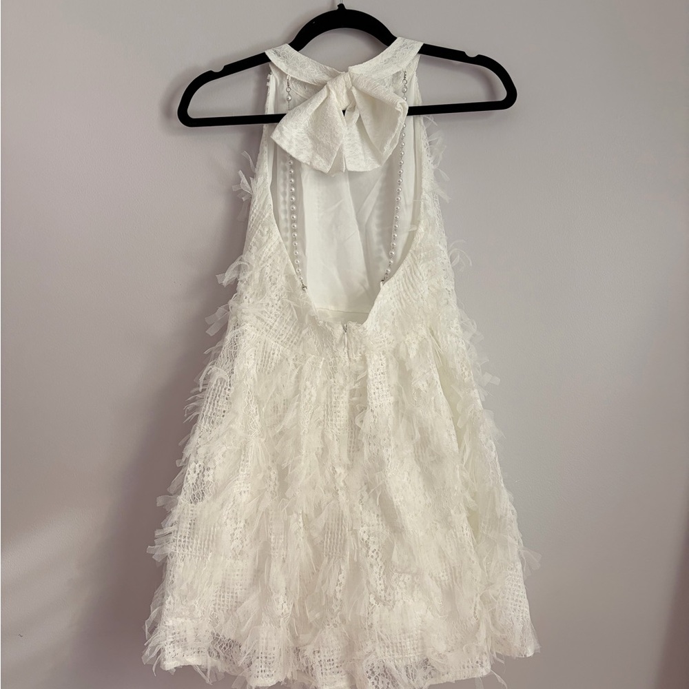White Lace Bridal Mini Dress Open Back Bow Pearl Detail Size Small New With Tags